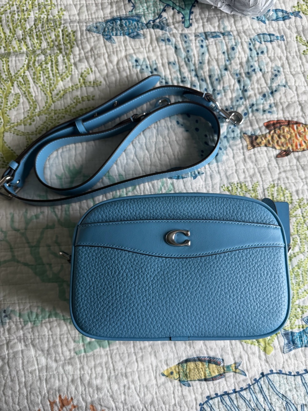 Coach Sky Blue Pebbled Leather Crossbody Camera Bag